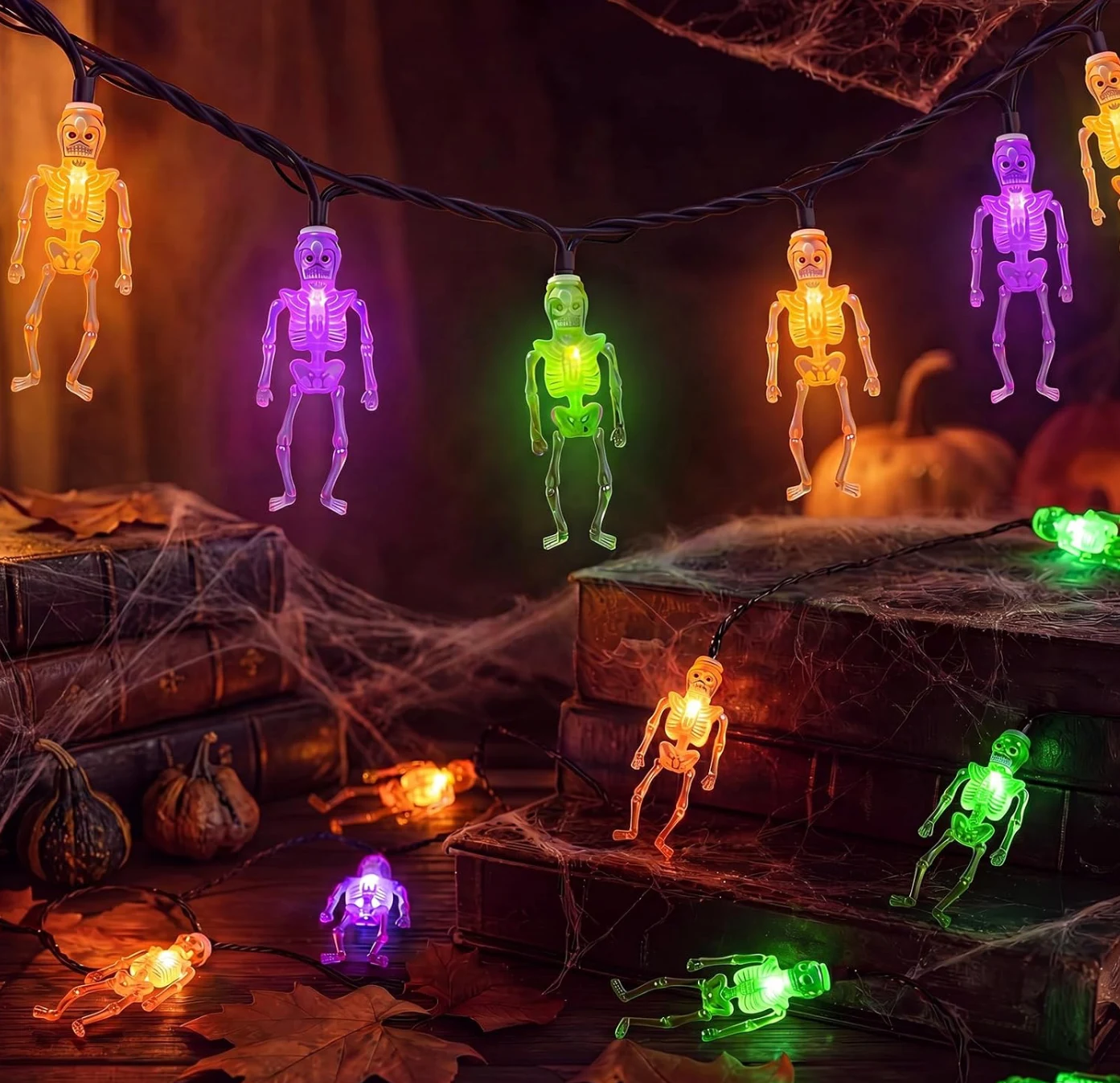 8.5FT 10 LED Outdoor Halloween Skeleton String Lights Plug In, Waterproof