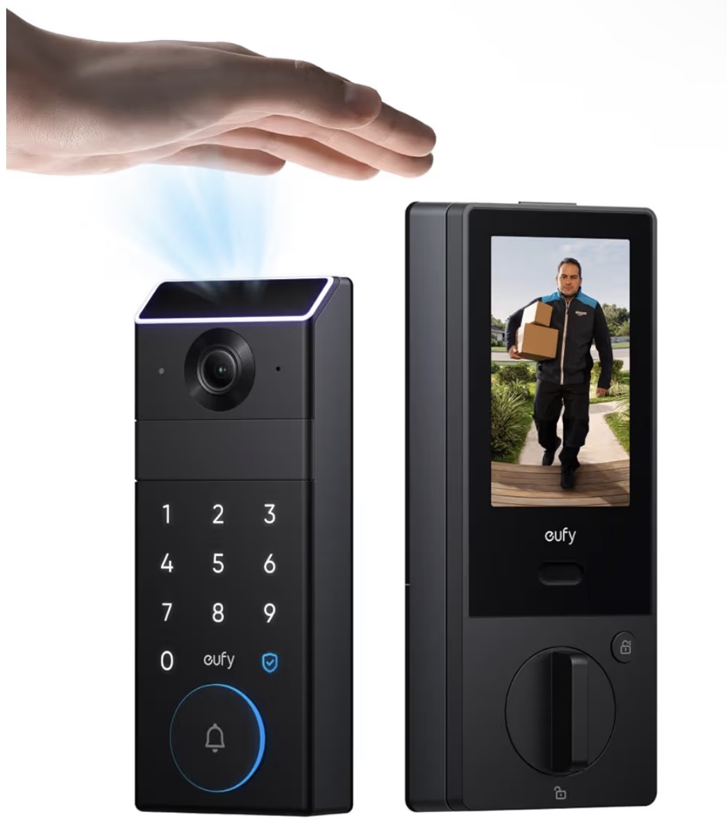 eufy Security Smart Lock FamiLock S3 Max with Palm Vein Recognition, Keyless Entry Front Door Lock, Wi-Fi Keypad Deadbolt+ 2K HDR Doorbell Camera, 16GB Builtβin Storage, BHMA 1, Rear Lock Video Screen