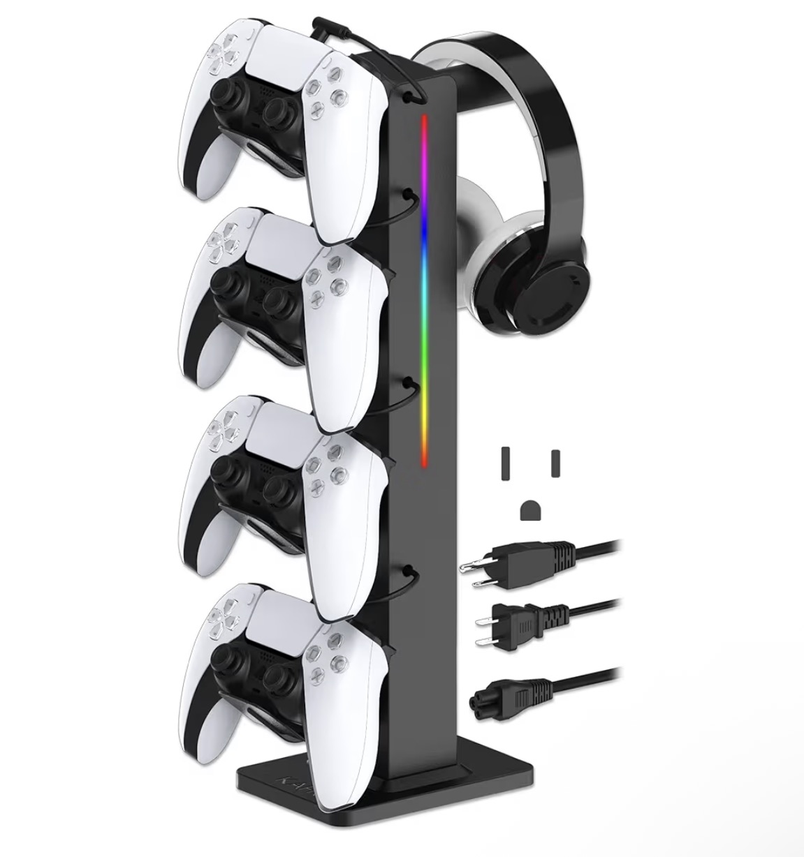 KAFRI RGB Gaming Headphone Stand with Controller Holder, Desk Organizer with Retractable Charger Cable, 2 AC Outlets & 4 Type-C Charging Ports, PC Gaming Accessories for Headset & Controller (Black)